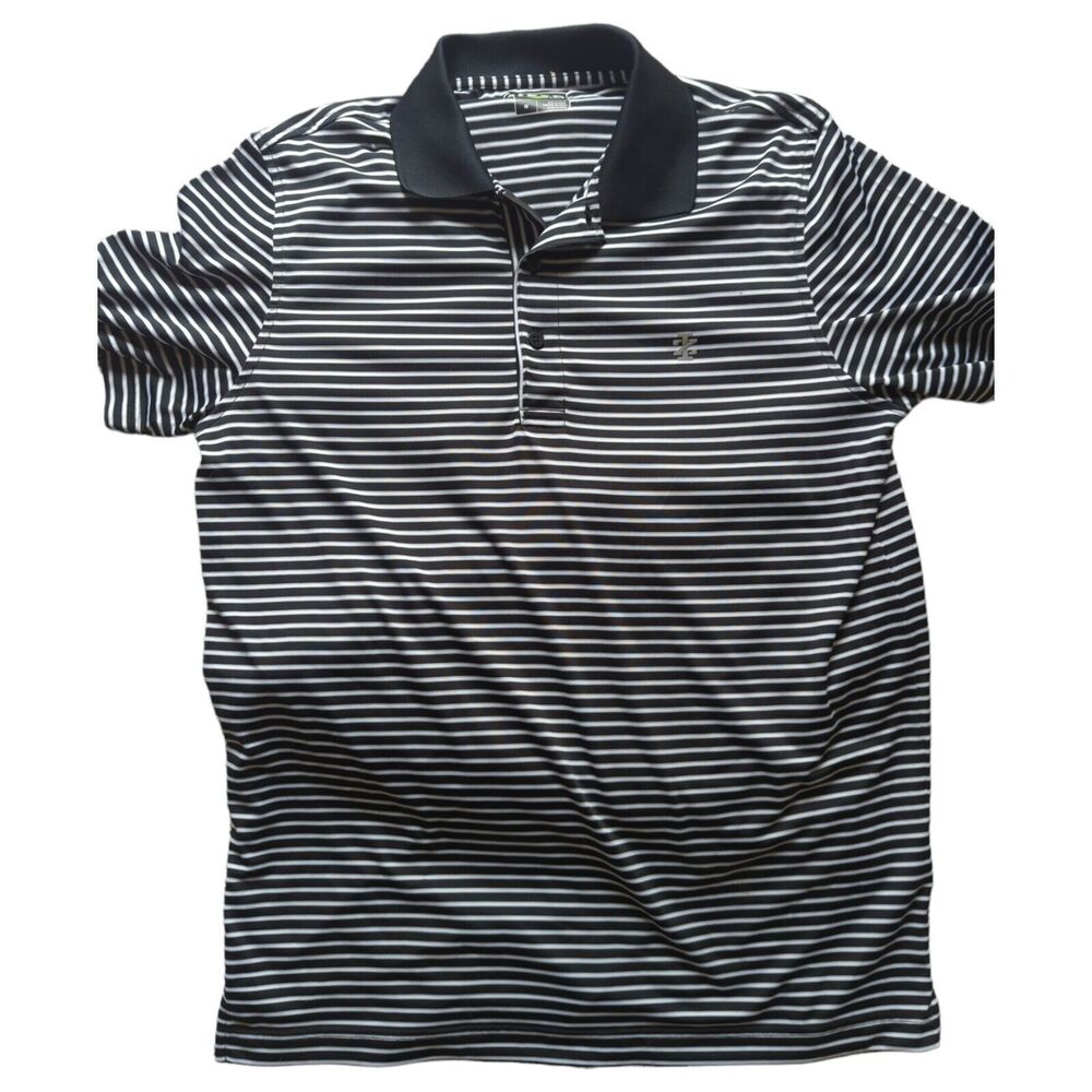 IZOD Golf Mens Short Sleeve Polo Black & White Striped Shirt Size M Adult